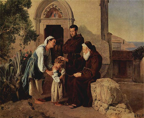 old painting showing monks receiving woman and child at gate of building