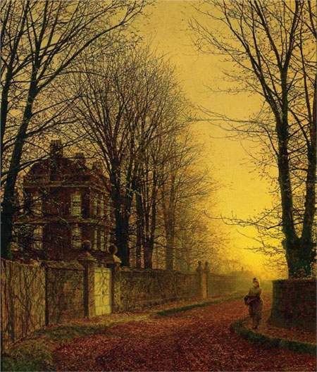 painting of urban landscape in Victorian times, golden colours