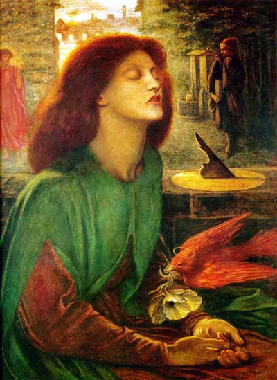 young women, red hair, with dove and sundial, Elizabeth Siddal