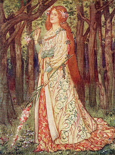 illustration of lady with red hair and long flowing gown