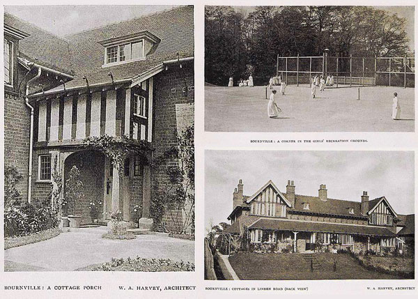 montage of black and white photos of model village housing for workers