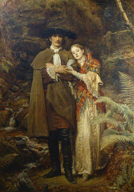 painting, full length man and woman in ancient Highland attire in lush landscapte