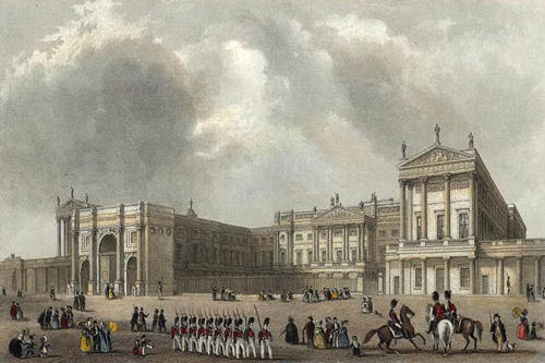 painting of Buckingham Palace in 1837, lots of sky, cloudy