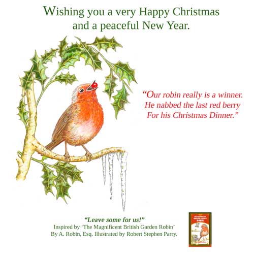 Christmas card with robin amid holly leaves and text message in green