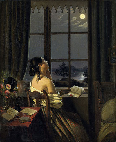 woman gazing through window at full moon