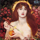 detail from painting shows young woman with arrow and red hair