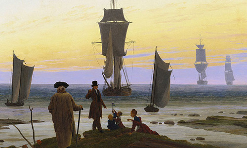 detail from old painting showing figures on a sea-shore with ships in background