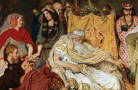 detail of painting showing various faces in anxious thought