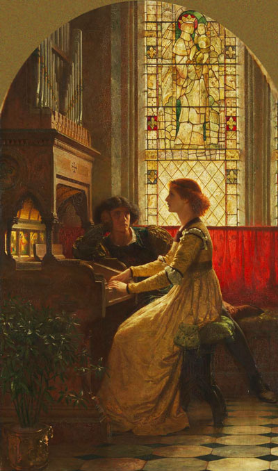 painting showing young couple, she seated playing keyboard, he listening, medieval dress
