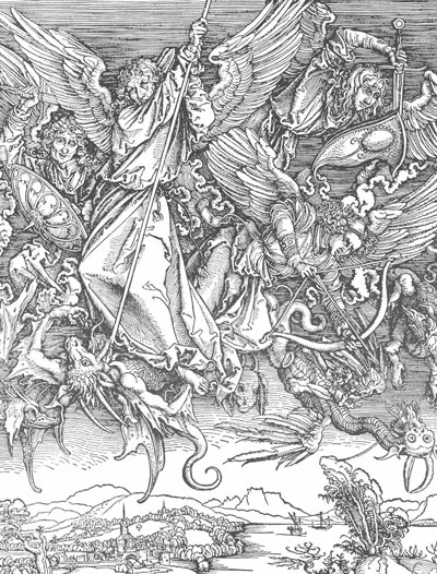 old engraving of angel slaying dragon, by Durer