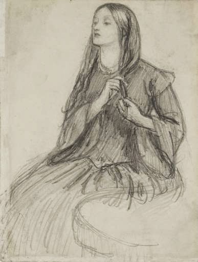 drawing of young Victorian woman, hands entwined in long hair