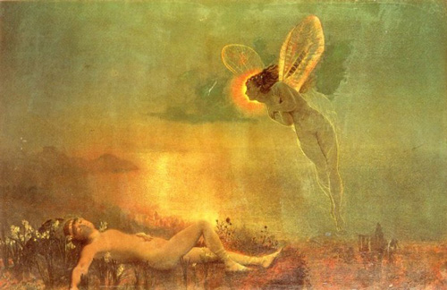 Victorian painting of shepherd (Endymion) watched over by fairy with wings