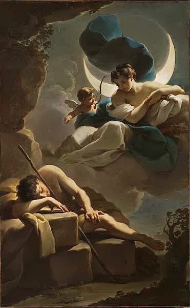 oil painting of shepherd (Endymion) watched over by fairy with wings
