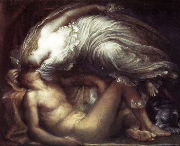 old painting showing sleeping Endymion and Selene in sliver arched above him in embrace
