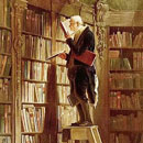 elderly gentleman on library ladder with many bookshelves