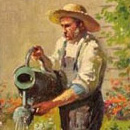 small image of man in gardening clothes with watering can