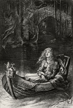 illustration of young woman in a small boat on river, Lady of Shalott