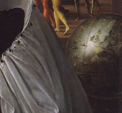 close up of a 16th century globe, with ocean and ships