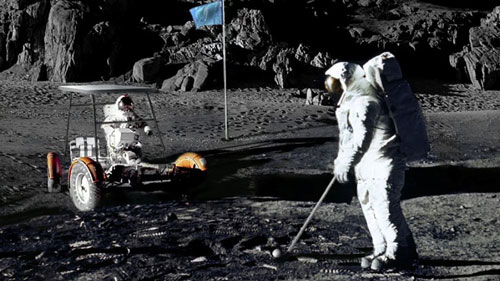photo from the moon showing astronaught playing golf