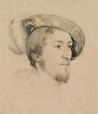 small thumbnail image of antique Hans Holbein portrait sketch, beige in tone.