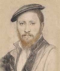 small thumbnail image of antique Hans Holbein portrait sketch, beige in tone.