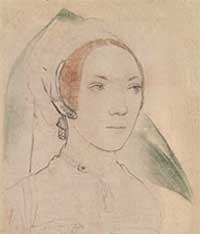 small thumbnail image of antique Hans Holbein portrait sketch, beige in tone.