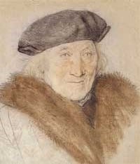 small thumbnail image of antique Hans Holbein portrait sketch, beige in tone.