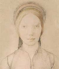 small thumbnail image of antique Hans Holbein portrait sketch, beige in tone.