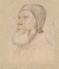 small thumbnail image of antique Hans Holbein portrait sketch, beige in tone.