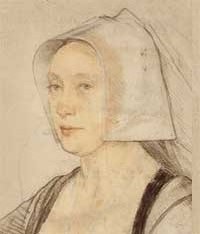small thumbnail image of antique Hans Holbein portrait sketch, beige in tone.