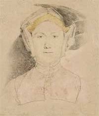 small thumbnail image of antique Hans Holbein portrait sketch, beige in tone.