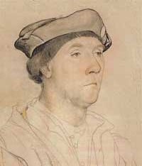 small thumbnail image of antique Hans Holbein portrait sketch, beige in tone.