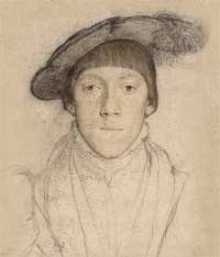 small thumbnail image of antique Hans Holbein portrait sketch, beige in tone.