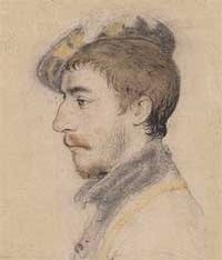 small thumbnail image of antique Hans Holbein portrait sketch, beige in tone.