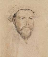 small thumbnail image of antique Hans Holbein portrait sketch, beige in tone.