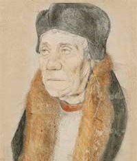 small thumbnail image of antique Hans Holbein portrait sketch, beige in tone.