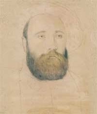 small thumbnail image of antique Hans Holbein portrait sketch, beige in tone.