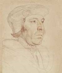 small thumbnail image of antique Hans Holbein portrait sketch, beige in tone.