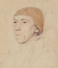 small thumbnail image of antique Hans Holbein portrait sketch, beige in tone.