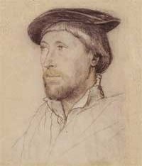 small thumbnail image of antique Hans Holbein portrait sketch, beige in tone.