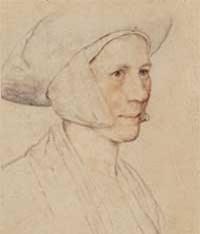 small thumbnail image of antique Hans Holbein portrait sketch, beige in tone.