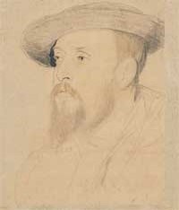 small thumbnail image of antique Hans Holbein portrait sketch, beige in tone.