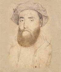 small thumbnail image of antique Hans Holbein portrait sketch, beige in tone.