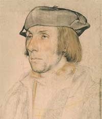 small thumbnail image of antique Hans Holbein portrait sketch, beige in tone.