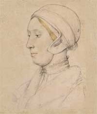 small thumbnail image of antique Hans Holbein portrait sketch, beige in tone.