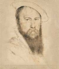 small thumbnail image of antique Hans Holbein portrait sketch, beige in tone.