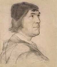 small thumbnail image of antique Hans Holbein portrait sketch, beige in tone.
