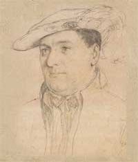 small thumbnail image of antique Hans Holbein portrait sketch, beige in tone.