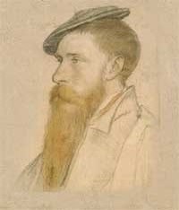 small thumbnail image of antique Hans Holbein portrait sketch, beige in tone.