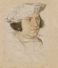 small thumbnail image of antique Hans Holbein portrait sketch, beige in tone.
